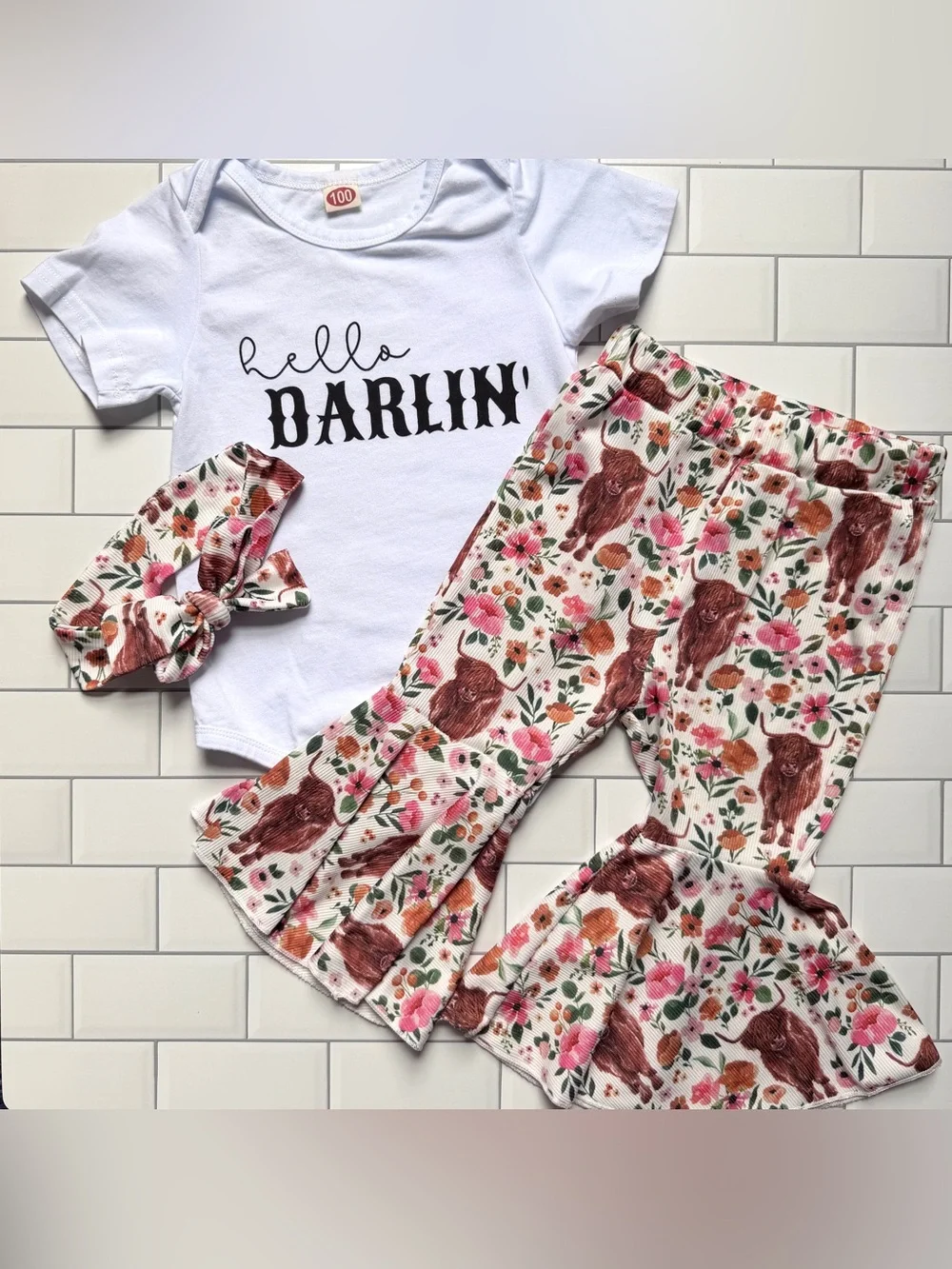 12-18🤠3pc Western Cowgirl Outfit White Bodysuit & Highland Cow Floral Flare Pant